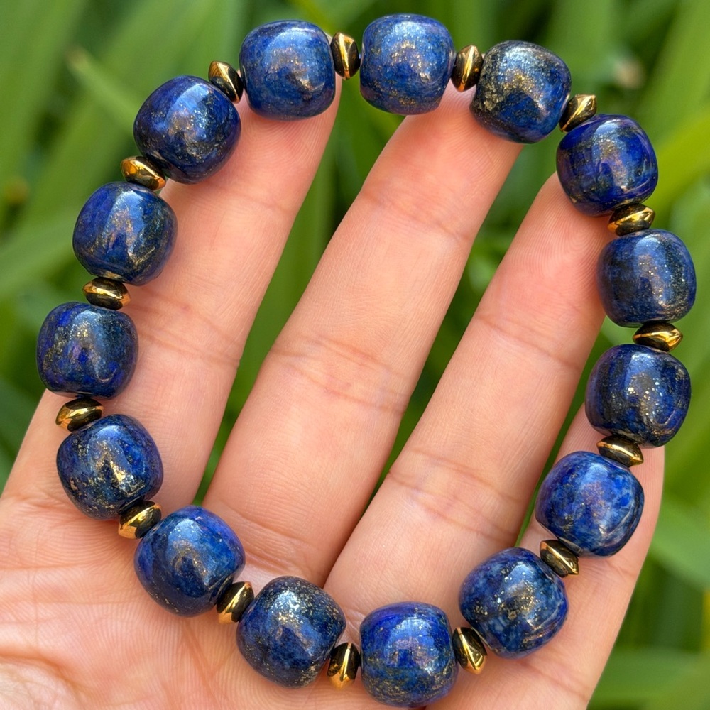 12mm stretchable‎ stainless steel lapis lazuli barrel bracelet 0770 - Picture 5 of 10
